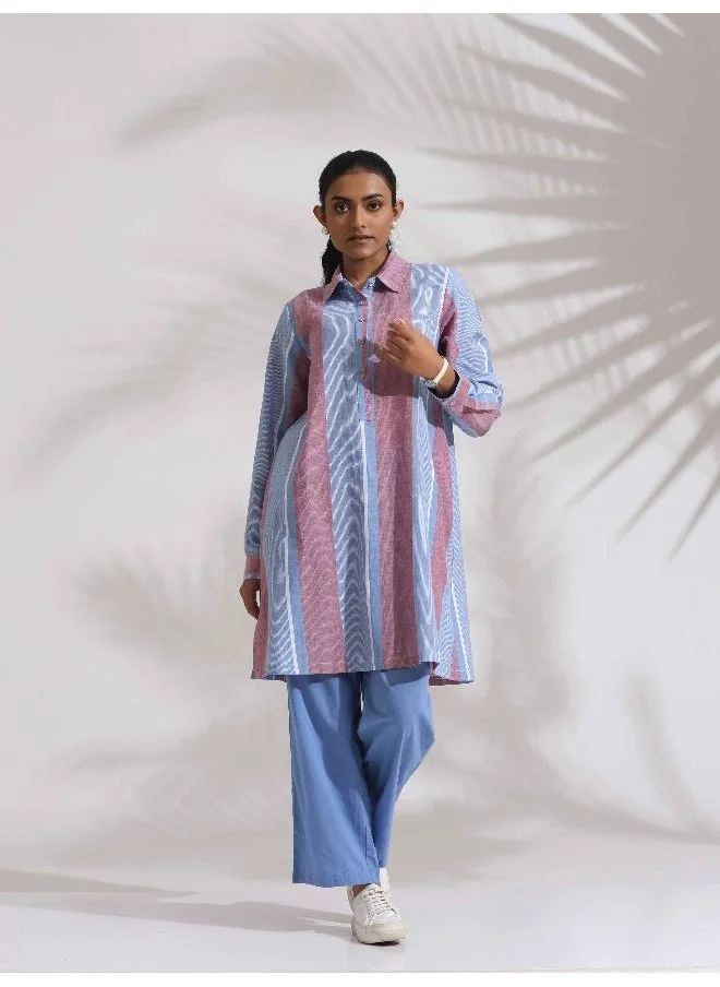 ترو برونز trueBrowns Blue Cotton Stripe Kurta Co-ord Set