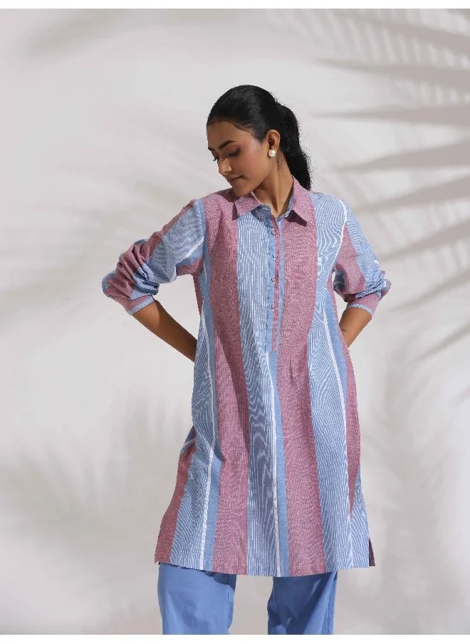 trueBrowns trueBrowns Blue Cotton Stripe Kurta Co-ord Set