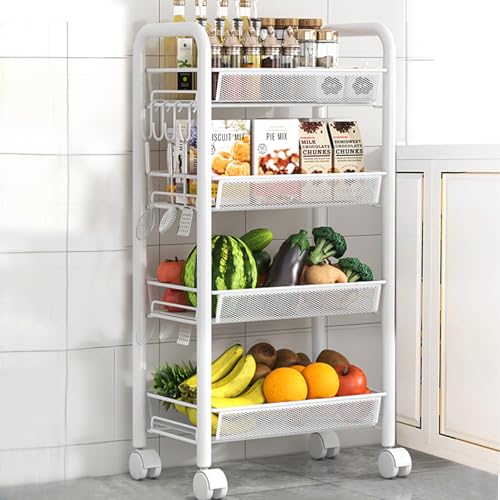 LiveCool Mesh Vegetable Stand Steel, 4 Tier Onion Potato Rack for Storage, Metal Kitchen Trolley with Wheels, Trolley Rack for Kitchen, Living Room, Bedroom, White (KT02-W4) - Image 1