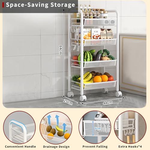 LiveCool Mesh Vegetable Stand Steel, 4 Tier Onion Potato Rack for Storage, Metal Kitchen Trolley with Wheels, Trolley Rack for Kitchen, Living Room, Bedroom, White (KT02-W4) - Image 2