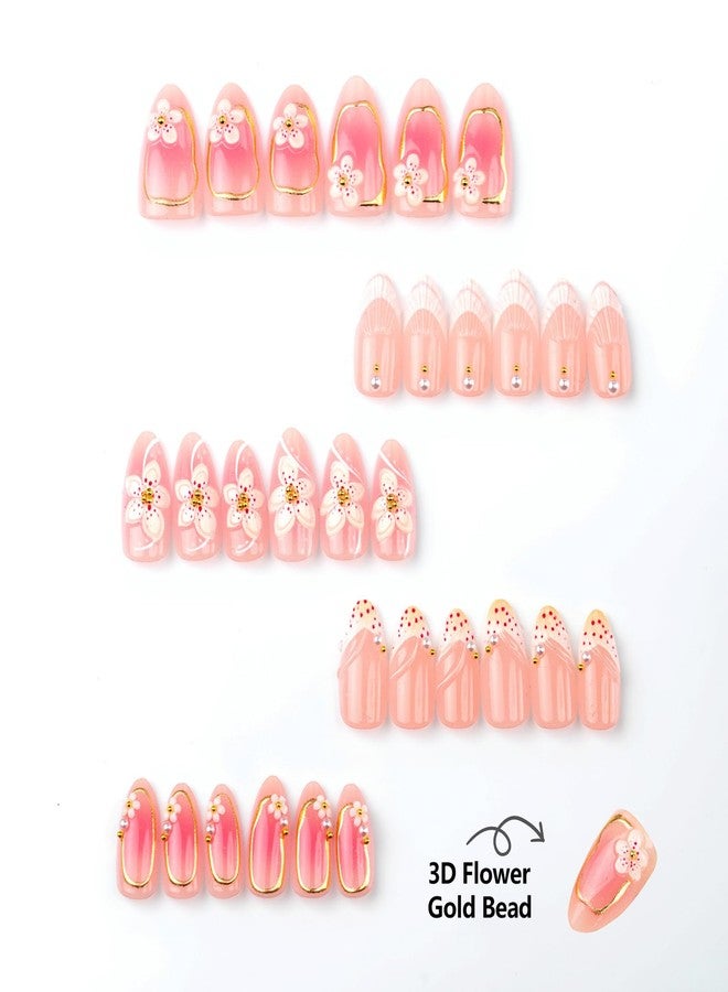 ASABITE 30Pcs Handmade Flower Press on Nails Short Almond Fake Nails with 3D Flower Pearl Steel Ball Design Leopard French Tip False Nail Artificial Nails Press ons Reusable Stick on Nails for Women Girls - Image 4