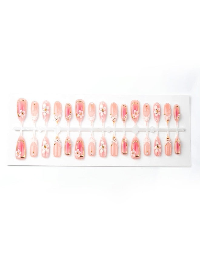 ASABITE 30Pcs Handmade Flower Press on Nails Short Almond Fake Nails with 3D Flower Pearl Steel Ball Design Leopard French Tip False Nail Artificial Nails Press ons Reusable Stick on Nails for Women Girls - Image 5