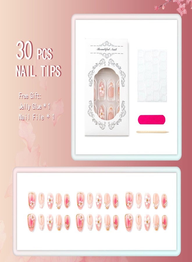 ASABITE 30Pcs Handmade Flower Press on Nails Short Almond Fake Nails with 3D Flower Pearl Steel Ball Design Leopard French Tip False Nail Artificial Nails Press ons Reusable Stick on Nails for Women Girls - Image 2