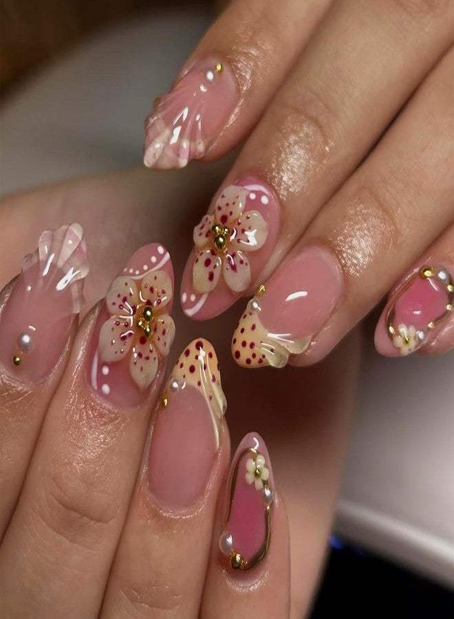 ASABITE 30Pcs Handmade Flower Press on Nails Short Almond Fake Nails with 3D Flower Pearl Steel Ball Design Leopard French Tip False Nail Artificial Nails Press ons Reusable Stick on Nails for Women Girls - Image 1