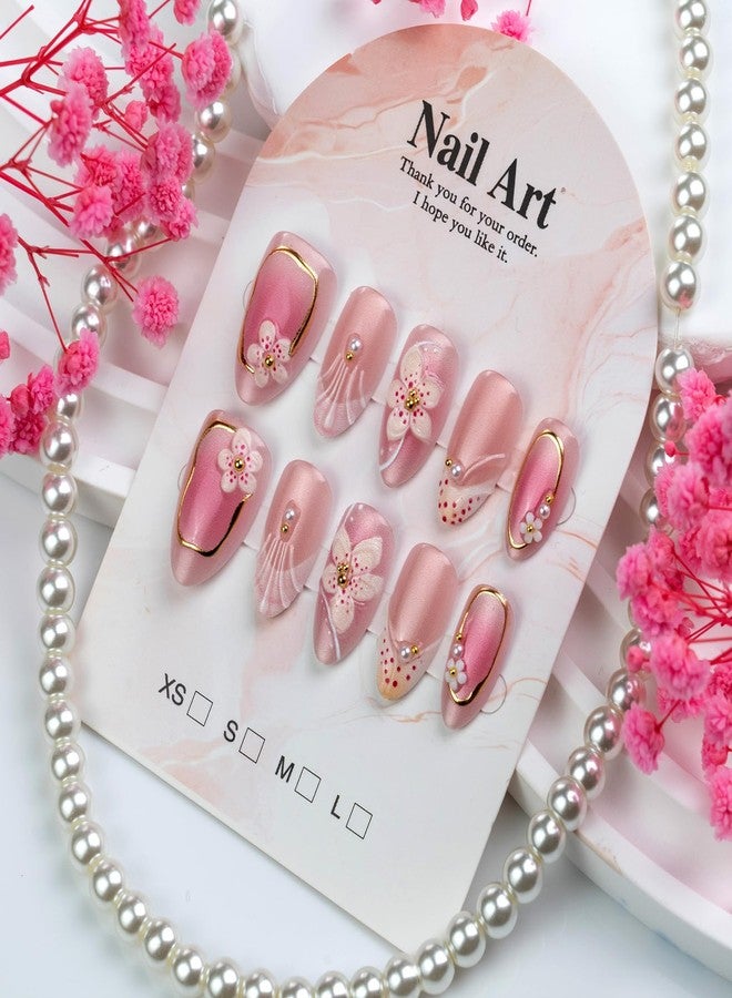 ASABITE 30Pcs Handmade Flower Press on Nails Short Almond Fake Nails with 3D Flower Pearl Steel Ball Design Leopard French Tip False Nail Artificial Nails Press ons Reusable Stick on Nails for Women Girls - Image 3