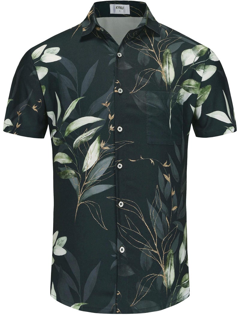 KYKU Hawaiian Shirt Men Soft Button Up Shirts Tropical, Leaf Black, Large - Image 4