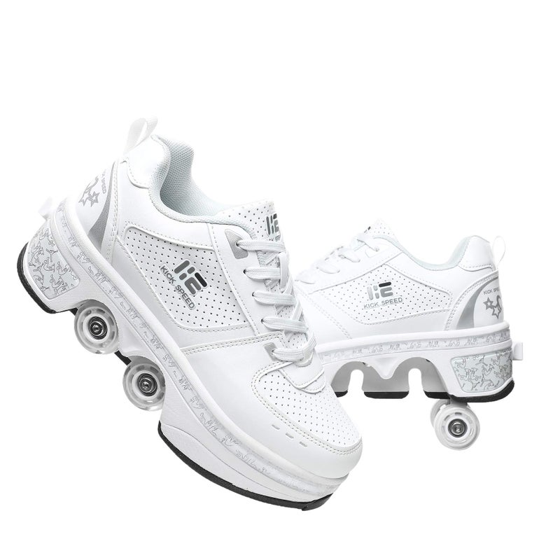 Pairobin 2-in-1 Roller Skates Shoes with Retractable 4 Wheels & Pop-Out Deformation Sneakers Outdoor Sports Skating Shoes for Girls Boys, White, 3.5 - Image 1