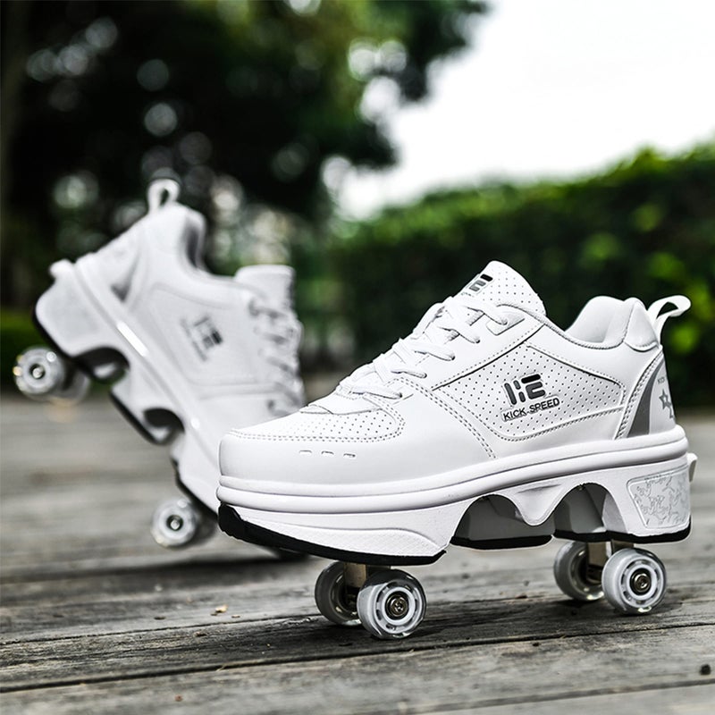 Pairobin 2-in-1 Roller Skates Shoes with Retractable 4 Wheels & Pop-Out Deformation Sneakers Outdoor Sports Skating Shoes for Girls Boys, White, 3.5 - Image 4
