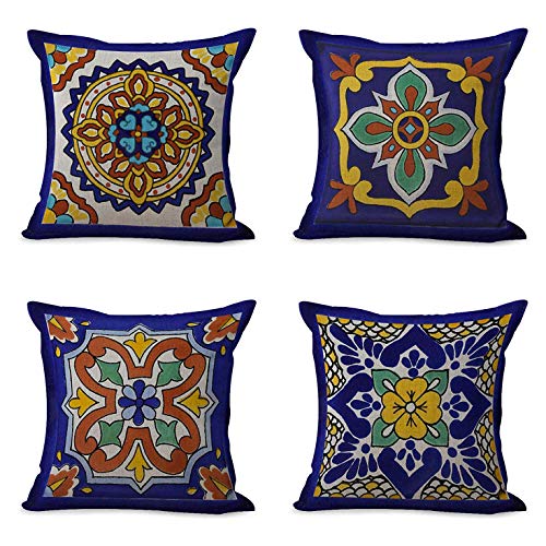 Semtomn Set of 4 Linen Throw Pillow Covers Spanish Talavera Exotic Geometry Dark Retro Ethnic Home Decorative 18x18 Flax Pillow Cases Cushion Square Pillowcases