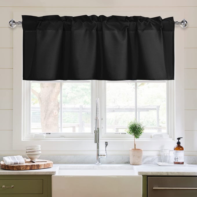 KITCHEN VALANCES CURTAINS FOR WINDOWS LIVING ROOM BEDROOM BATHROOM TOPPERS FARMHOUSE STYLE RUSTIC DINNING ROOM BLACKOUT THERMAL INSULATED ROD POCKET W52 X L18 INCH LENGTH BLACK 1 PANEL