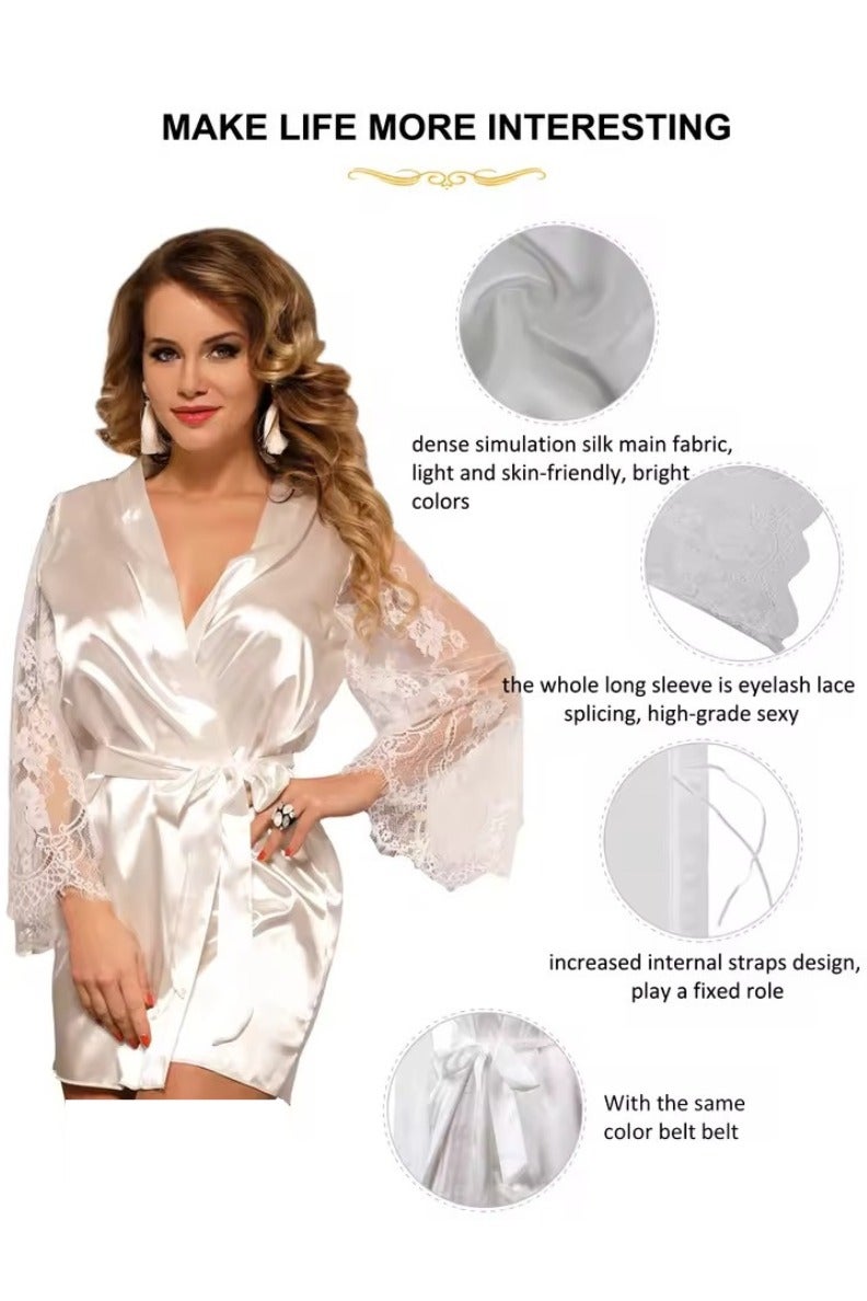 Cure Woman's Satin Robe Lace Dress | White Faux Ice Silk | Bridal Lightweight Sleepwear Satin Kimono Robe | Sleeve Ruffle Belted Robes Bridesmaids | Nightwear Chemise Nightgowns Pajamas - Image 3