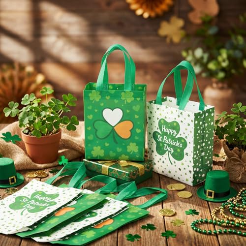 Wovnet 30 Pcs Gift Bags Reusable Non Woven Party Favor Goodie Treat Bags with Handle for Birthday Party Supplies 10 x 8 x 4In(St. Patrick's Day,Green,30 Pcs) - Image 2
