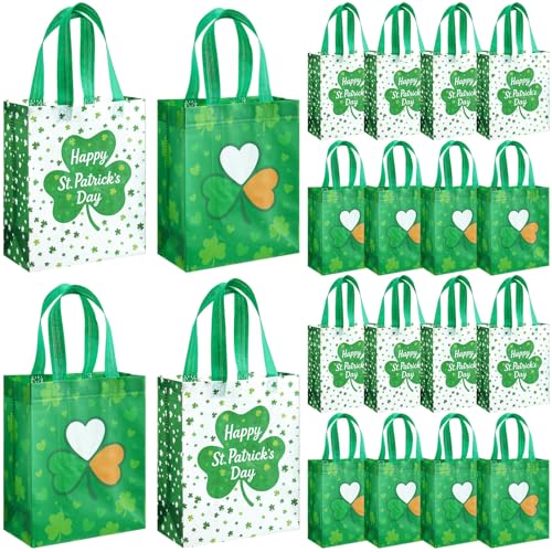 Wovnet 30 Pcs Gift Bags Reusable Non Woven Party Favor Goodie Treat Bags with Handle for Birthday Party Supplies 10 x 8 x 4In(St. Patrick's Day,Green,30 Pcs) - Image 1