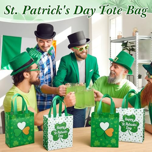Wovnet 30 Pcs Gift Bags Reusable Non Woven Party Favor Goodie Treat Bags with Handle for Birthday Party Supplies 10 x 8 x 4In(St. Patrick's Day,Green,30 Pcs) - Image 4