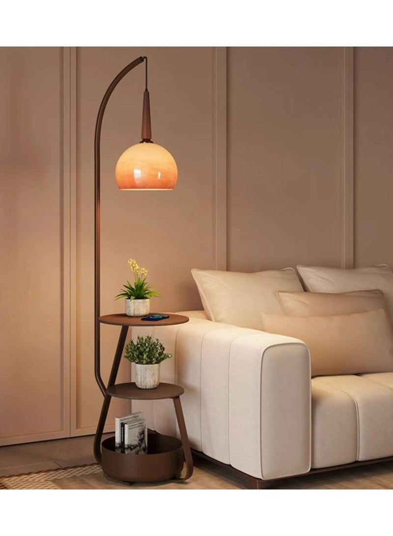 DubaiGallery Modern Multifunctional Floor Lamp Nordic Standing Lamps With 2 Tables And 1 Storage Bin Vertical Lamp With Orange Glass Shade Convenience Standing Floor Lights Decorative Standing Light For - Image 1