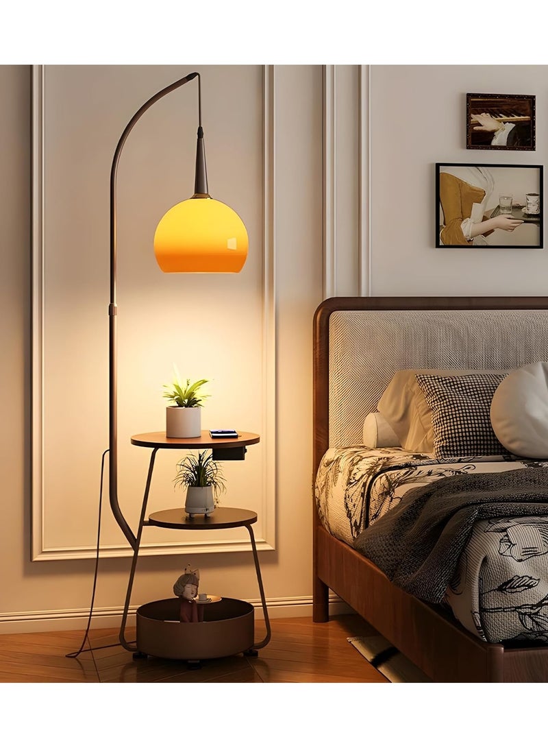 DubaiGallery Modern Multifunctional Floor Lamp Nordic Standing Lamps With 2 Tables And 1 Storage Bin Vertical Lamp With Orange Glass Shade Convenience Standing Floor Lights Decorative Standing Light For - Image 3