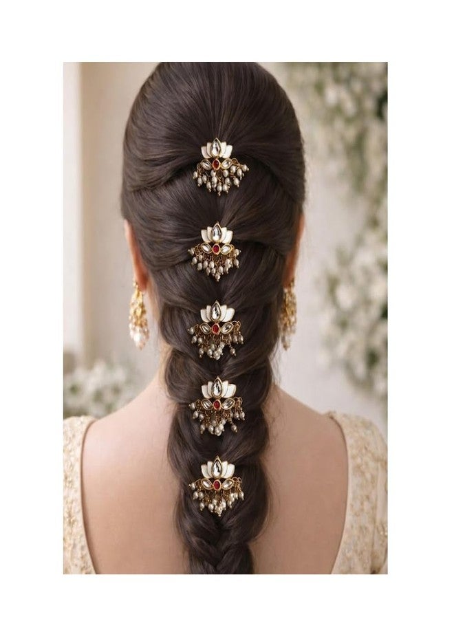 NIXTIL Traditional Kundan Lotus Jada Billa Set of 6 for Women | Gold Plated Bridal Floral Hair Choti Pins with Pearls | Indian Wedding Festive Hair Brooch Accessories - Image 3
