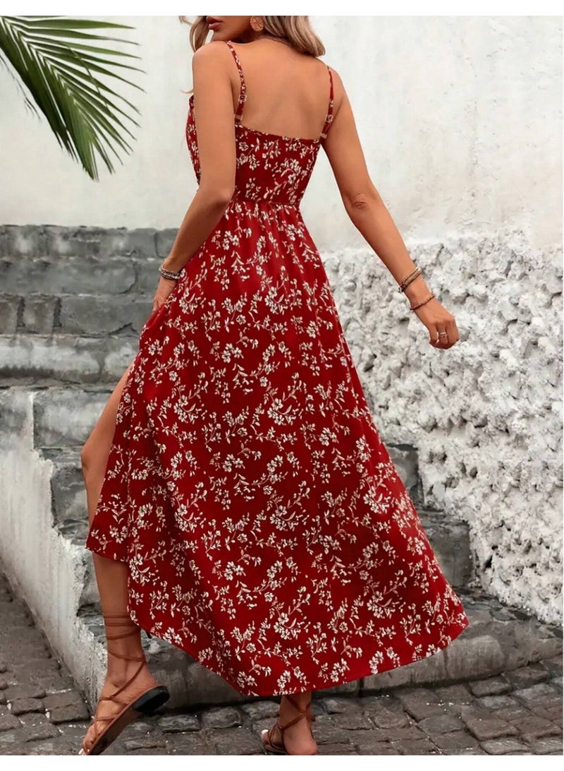 Shein Vacation Fashionable Ditsy Floral Waist Patchwork Hollow Lace Hem High Slit Slip Dress Casual Summer Party - Image 2