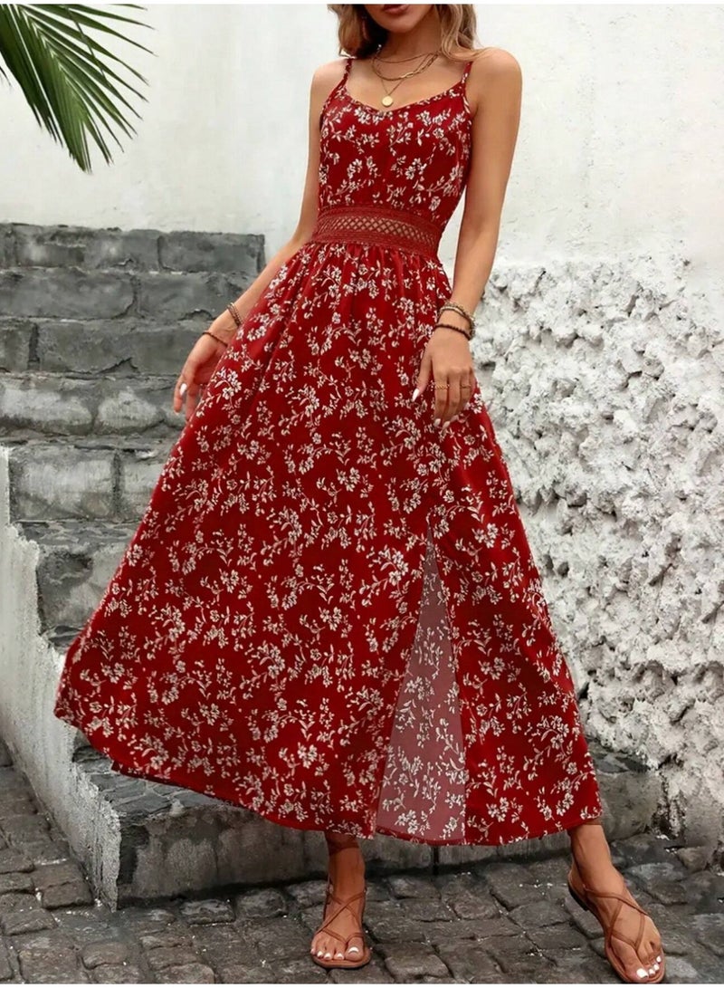 Shein Vacation Fashionable Ditsy Floral Waist Patchwork Hollow Lace Hem High Slit Slip Dress Casual Summer Party - Image 5