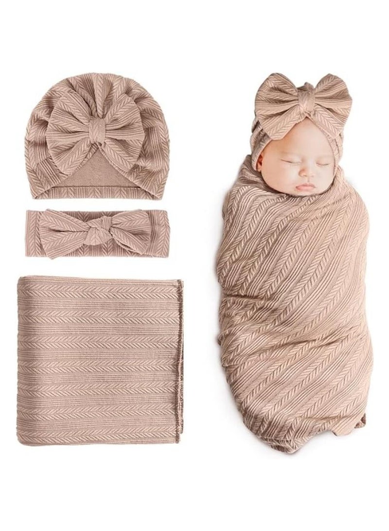 iMissiu Newborn Muslin Swaddle Blanket Set with Matching Hat and Headband Stretchy Soft Baby Wraps for Girls and Boys Ideal for Everyday Use and Newborn Gifts - Image 1