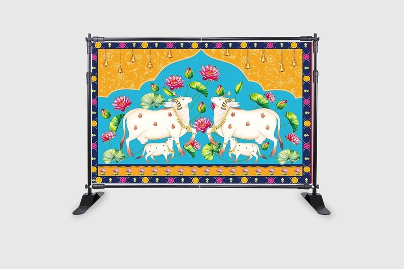 Backdropon خلفية لوتس بقرة بوجا بيتشواي التقليدية لاحتفالات ديوالي تصوير خلفية بوجا زفاف تدفئة منزل ديوالي ديكور منزلي حجم 5 أقدام ارتفاع و 8 أقدام عرض (5 * 8) - Image 2