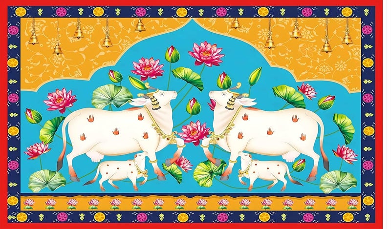 Backdropon خلفية لوتس بقرة بوجا بيتشواي التقليدية لاحتفالات ديوالي تصوير خلفية بوجا زفاف تدفئة منزل ديوالي ديكور منزلي حجم 5 أقدام ارتفاع و 8 أقدام عرض (5 * 8) - Image 1