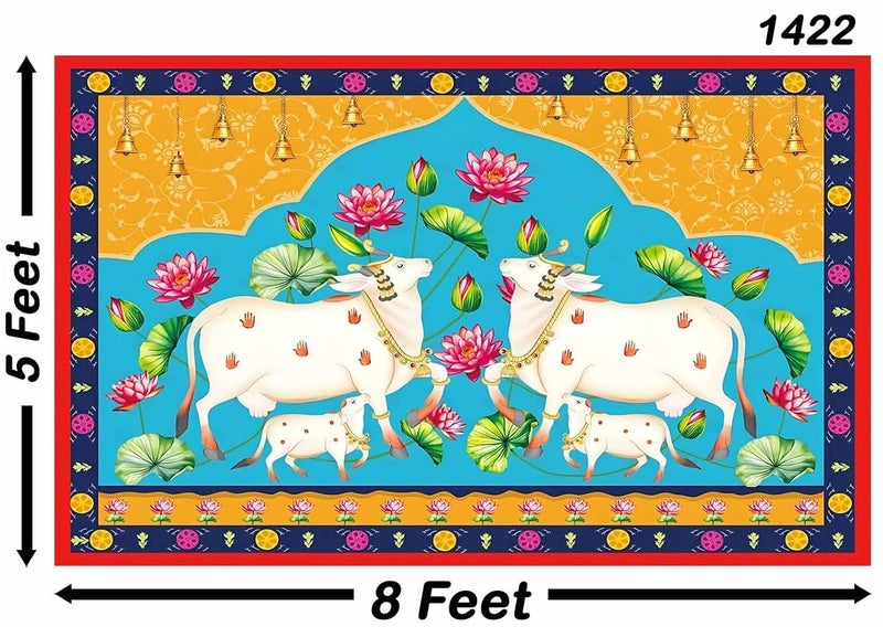 Backdropon خلفية لوتس بقرة بوجا بيتشواي التقليدية لاحتفالات ديوالي تصوير خلفية بوجا زفاف تدفئة منزل ديوالي ديكور منزلي حجم 5 أقدام ارتفاع و 8 أقدام عرض (5 * 8) - Image 3