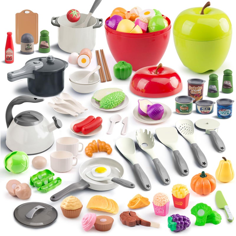 Funpynani 100Pcs Kitchen Playset Kids Pretend Cooking Play Pots Pans Utensils Cookware Toy Food Fruits Veggies with 2 Large Apple Shaped Storage Toddler Cooking Learning Gift White - Image 3
