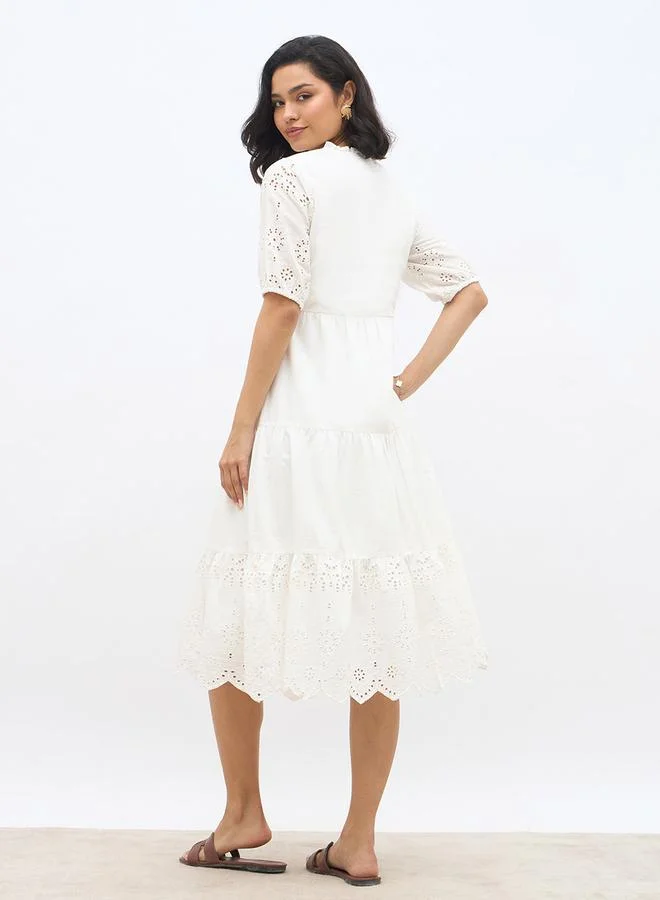 Styli Styli Women White Schiffli Puff Sleeves Tiered Midi Dress