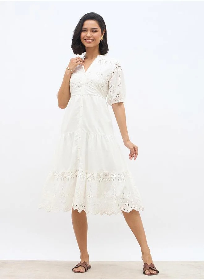 ستايلي Styli Women White Schiffli Puff Sleeves Tiered Midi Dress