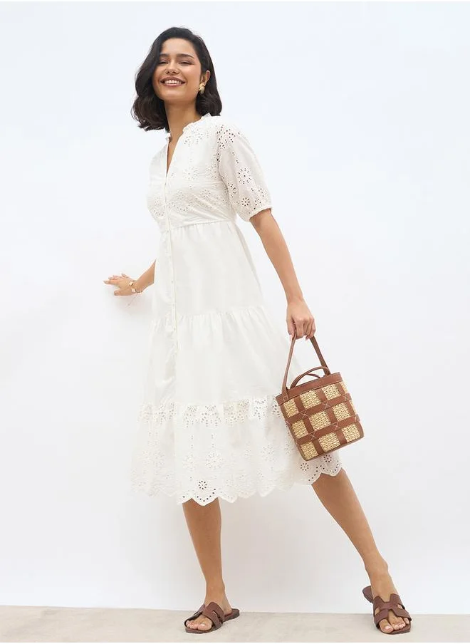ستايلي Styli Women White Schiffli Puff Sleeves Tiered Midi Dress