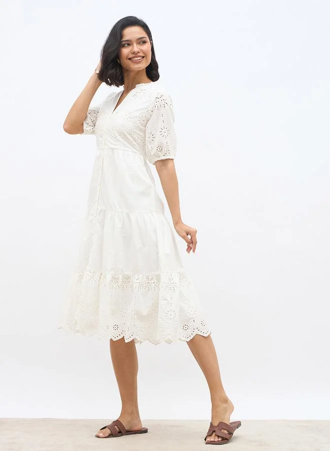 Styli Styli Women White Schiffli Puff Sleeves Tiered Midi Dress