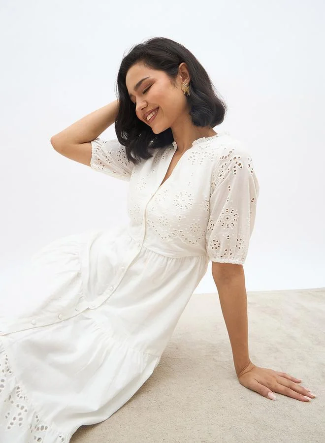 Styli Styli Women White Schiffli Puff Sleeves Tiered Midi Dress