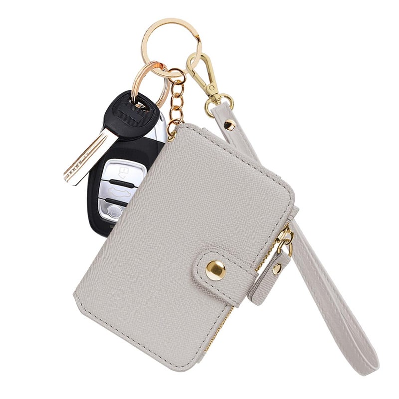 M-Plateau Wallet, Womens card Holder Leather Keychain Wallet With Zipper Coin Pocket ID Window Wrist Strap Gift Box (Beige) - Image 1