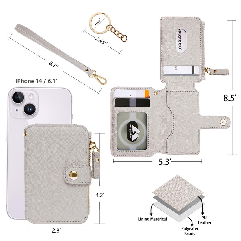 M-Plateau Wallet, Womens card Holder Leather Keychain Wallet With Zipper Coin Pocket ID Window Wrist Strap Gift Box (Beige) - Image 2