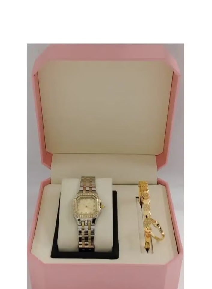 Women's watch with a bracelet and a ring made of zircon