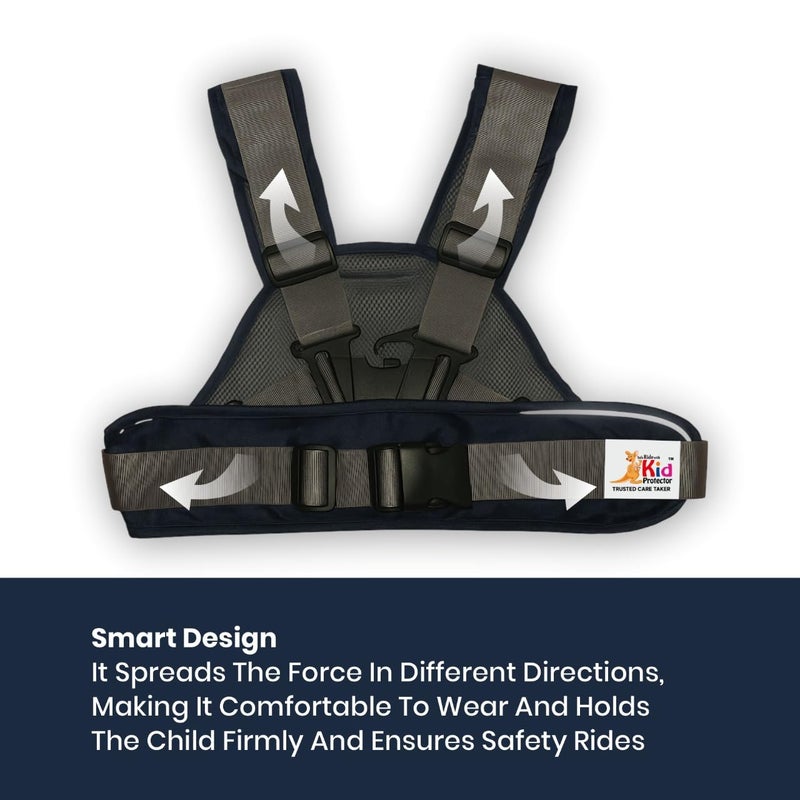 Kid Protector حزام أمان للأطفال للدراجات ذات العجلتين | حزام 4 نقاط | قابل للتعديل (35-90 سم) | شرائط عاكسة | العمر 2-7 | حزام دراجة، سكوتر | قماش قوي ودائم (أزرق داكن) - Image 5