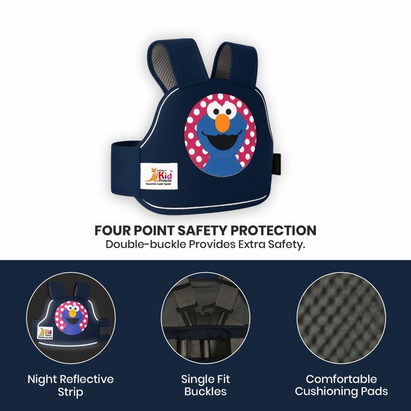 Kid Protector حزام أمان للأطفال للدراجات ذات العجلتين | حزام 4 نقاط | قابل للتعديل (35-90 سم) | شرائط عاكسة | العمر 2-7 | حزام دراجة، سكوتر | قماش قوي ودائم (أزرق داكن) - Image 3