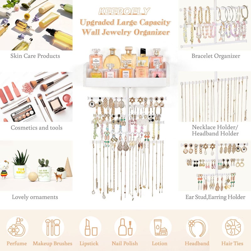 Keebofly Wall Mounted Jewelry Organizer 7-in-1 with Large Stepped Rustic Whitewood Shelves - Iron Jewelry Holder for Earring, Necklace, Bracelet Storage + Makeup/Perfume/Nail Polish Display - Image 3