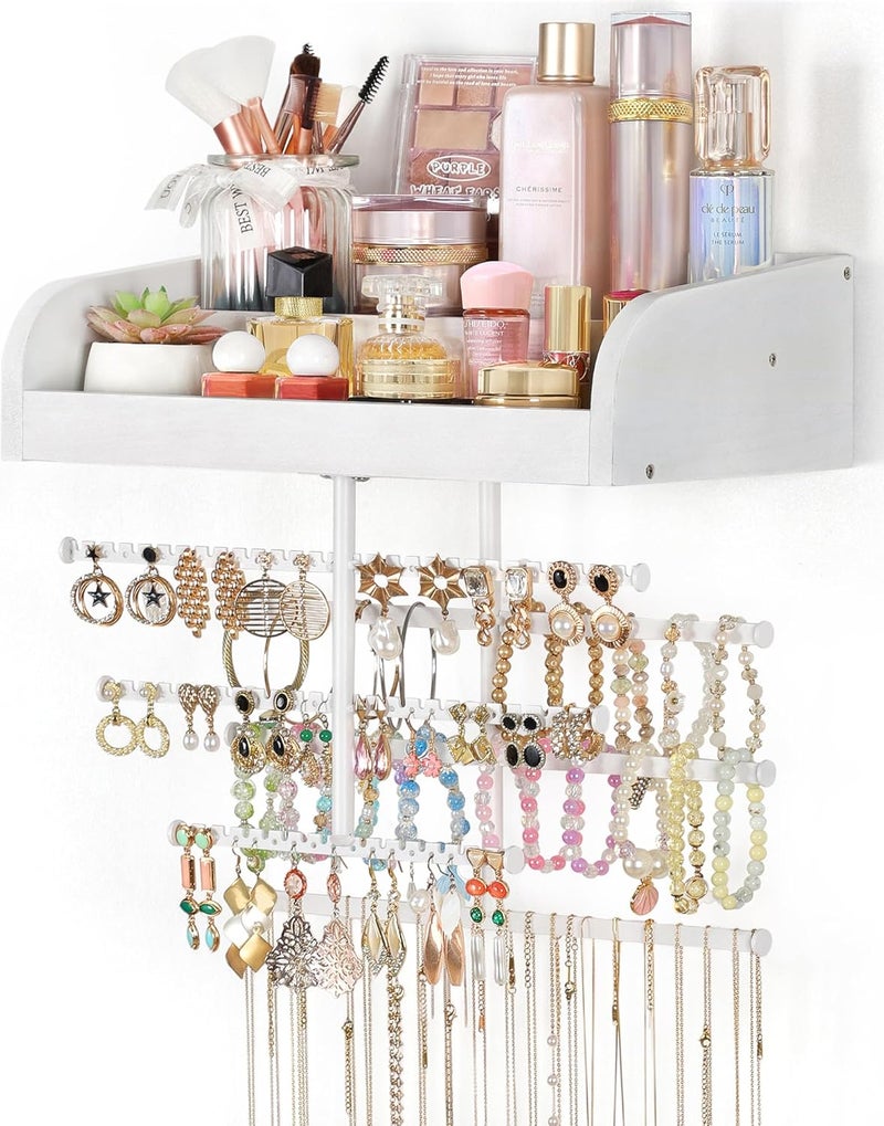 Keebofly Wall Mounted Jewelry Organizer 7-in-1 with Large Stepped Rustic Whitewood Shelves - Iron Jewelry Holder for Earring, Necklace, Bracelet Storage + Makeup/Perfume/Nail Polish Display - Image 1