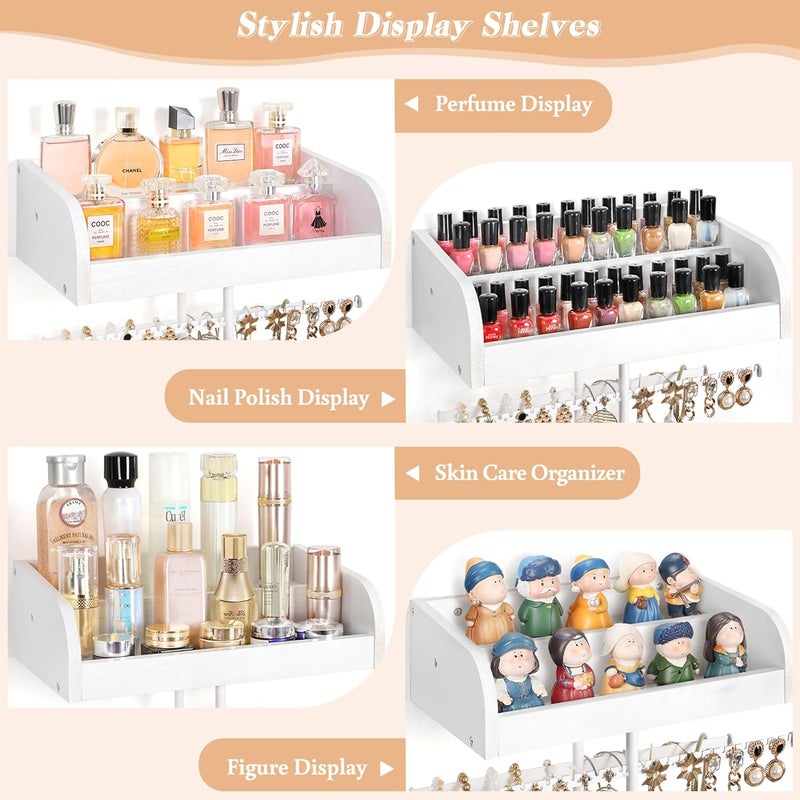 Keebofly Wall Mounted Jewelry Organizer 7-in-1 with Large Stepped Rustic Whitewood Shelves - Iron Jewelry Holder for Earring, Necklace, Bracelet Storage + Makeup/Perfume/Nail Polish Display - Image 2