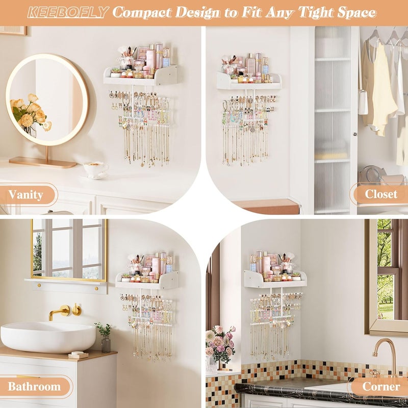 Keebofly Wall Mounted Jewelry Organizer 7-in-1 with Large Stepped Rustic Whitewood Shelves - Iron Jewelry Holder for Earring, Necklace, Bracelet Storage + Makeup/Perfume/Nail Polish Display - Image 4