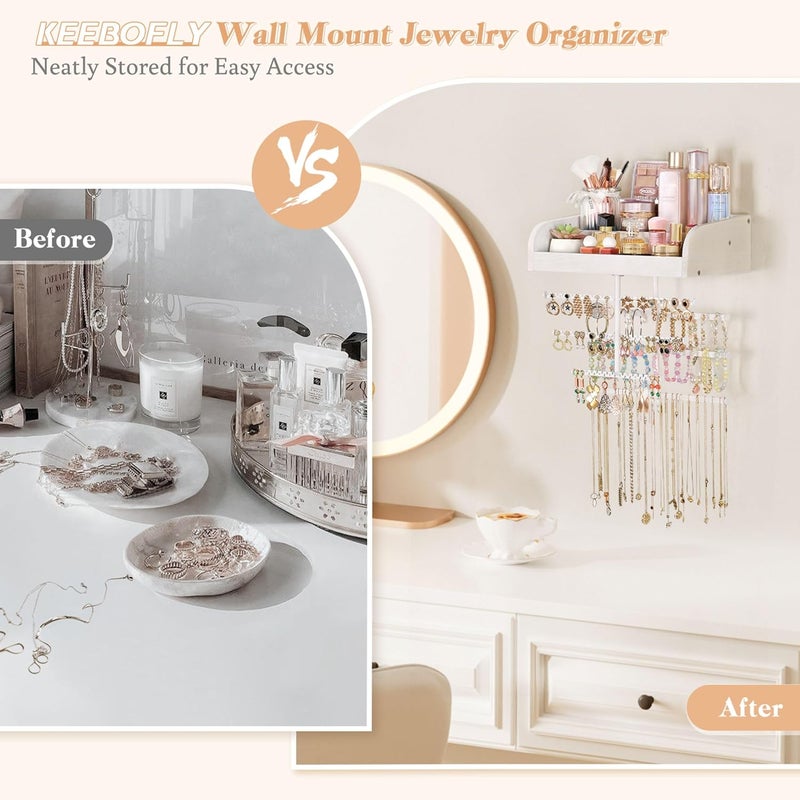 Keebofly Wall Mounted Jewelry Organizer 7-in-1 with Large Stepped Rustic Whitewood Shelves - Iron Jewelry Holder for Earring, Necklace, Bracelet Storage + Makeup/Perfume/Nail Polish Display - Image 5
