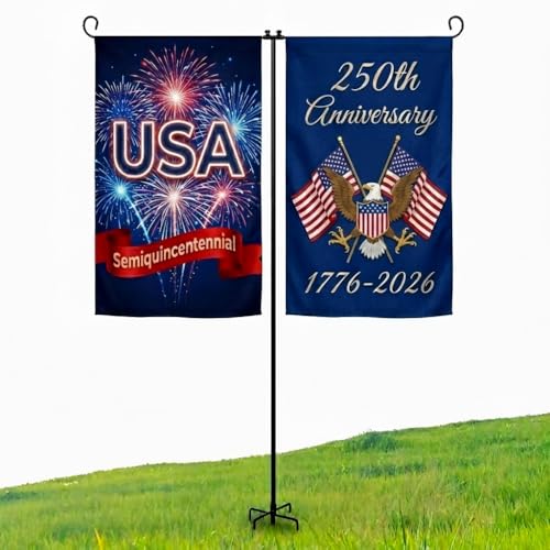 ESTTOP Heavy Duty Garden Flag Holder Stand Metal Iron Stand with 5 Prong Base for Double Flags Suitable for Outside or Garden Patio Yard Decor - Image 1