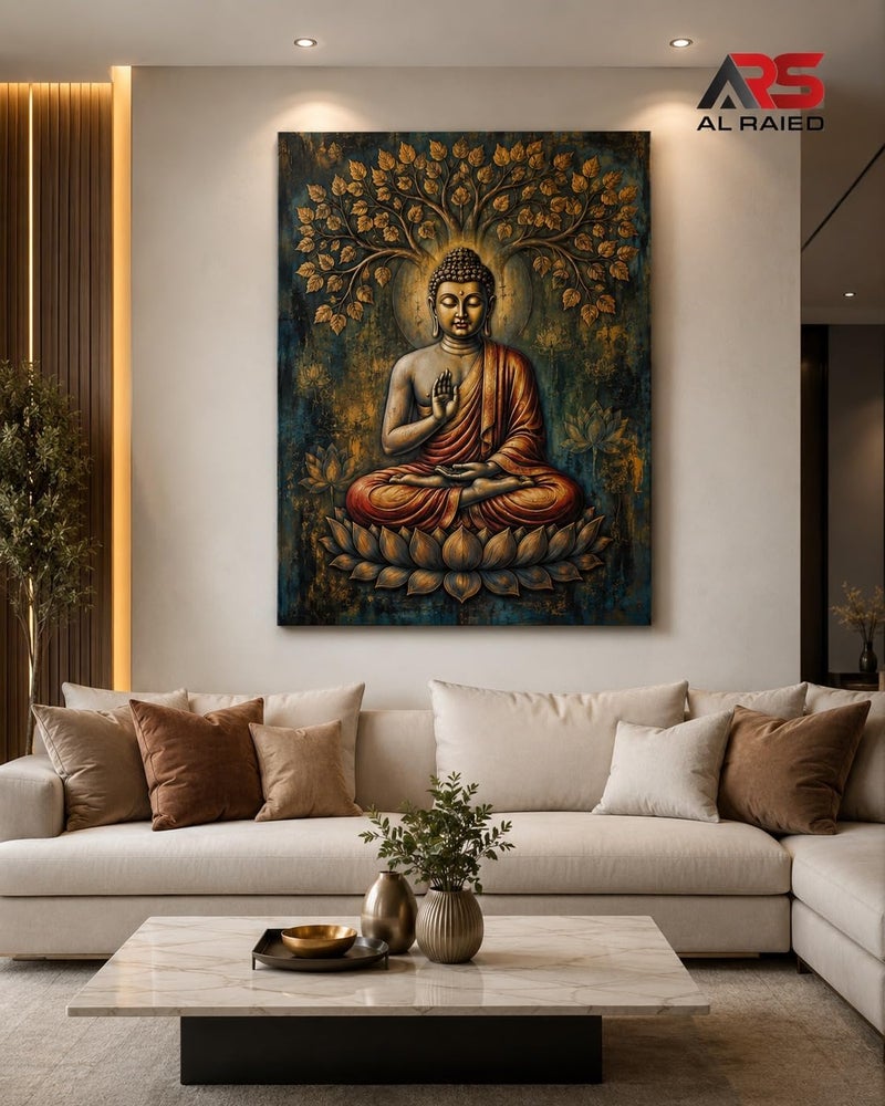 ARS Graphics ARS® Lord Buddha Canvas Wall Art 40 X 70 CM - Gautama Buddha under Bodhi Tree Bas-Relief Style with Golden Lotus - Image 2