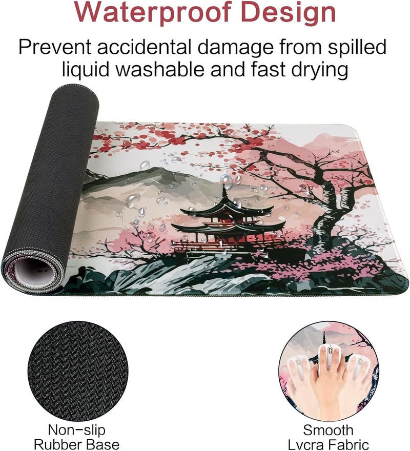 KASTWAVE Mouse Pad, (80 X 30Cm) Extended Large Mouse Mat Desk Pad, Stitched Edges Mousepad, Desk Mat Gaming Mat Non-Slip Rubber Base, Xl Gaming Mouse Pad For Office & Home - Sakura Ink Painting - Image 3