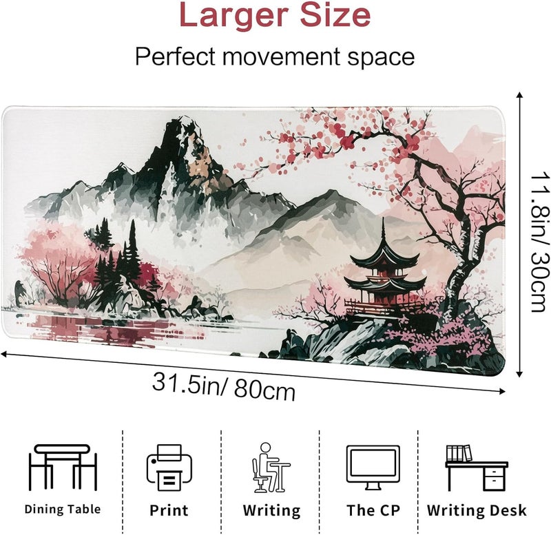KASTWAVE Mouse Pad, (80 X 30Cm) Extended Large Mouse Mat Desk Pad, Stitched Edges Mousepad, Desk Mat Gaming Mat Non-Slip Rubber Base, Xl Gaming Mouse Pad For Office & Home - Sakura Ink Painting - Image 2
