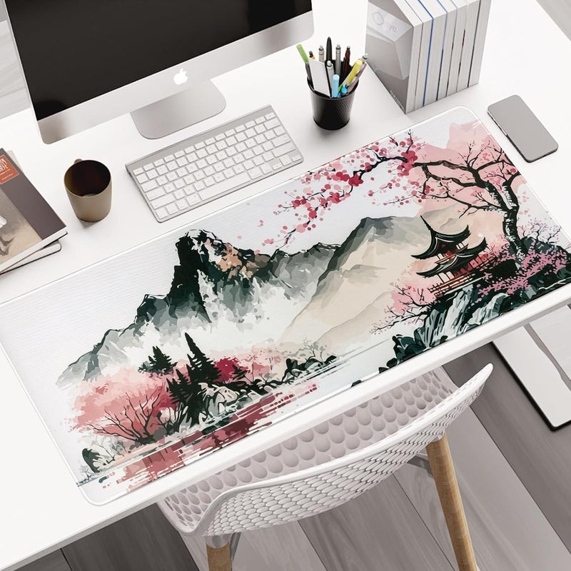 KASTWAVE Mouse Pad, (80 X 30Cm) Extended Large Mouse Mat Desk Pad, Stitched Edges Mousepad, Desk Mat Gaming Mat Non-Slip Rubber Base, Xl Gaming Mouse Pad For Office & Home - Sakura Ink Painting - Image 5