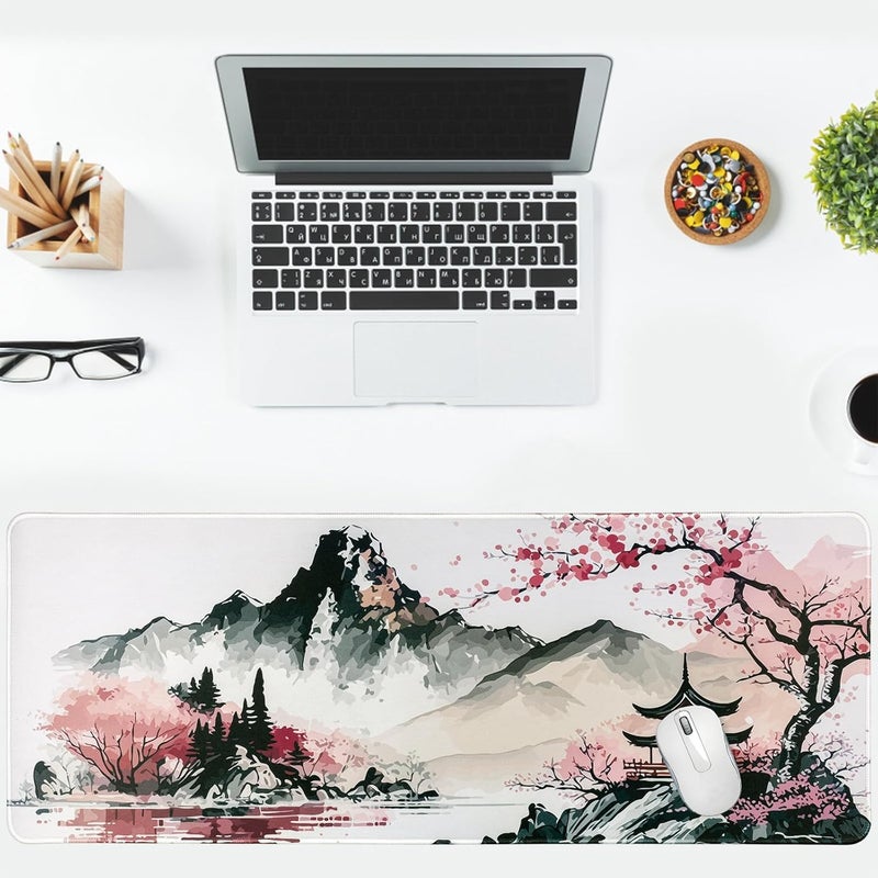 KASTWAVE Mouse Pad, (80 X 30Cm) Extended Large Mouse Mat Desk Pad, Stitched Edges Mousepad, Desk Mat Gaming Mat Non-Slip Rubber Base, Xl Gaming Mouse Pad For Office & Home - Sakura Ink Painting - Image 4