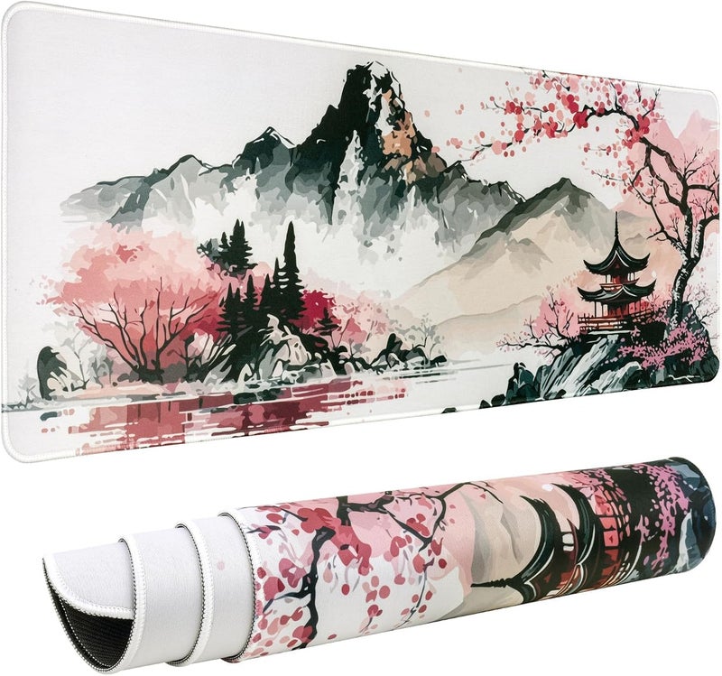 KASTWAVE Mouse Pad, (80 X 30Cm) Extended Large Mouse Mat Desk Pad, Stitched Edges Mousepad, Desk Mat Gaming Mat Non-Slip Rubber Base, Xl Gaming Mouse Pad For Office & Home - Sakura Ink Painting - Image 1